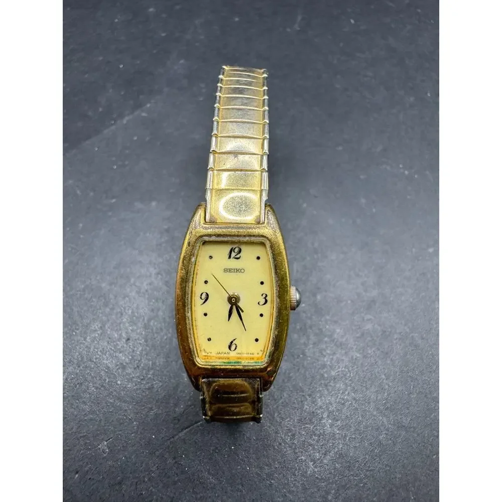 Vtg Seiko Watch Women 16mm Cream Dial Gold Tone Rectangle 1N01-5B79 Stretch Band